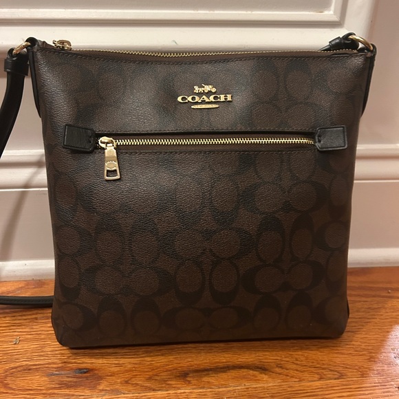 Coach Handbags - Coach Signature Brown Black Gold Accents Rowan File Shoulder Bag
